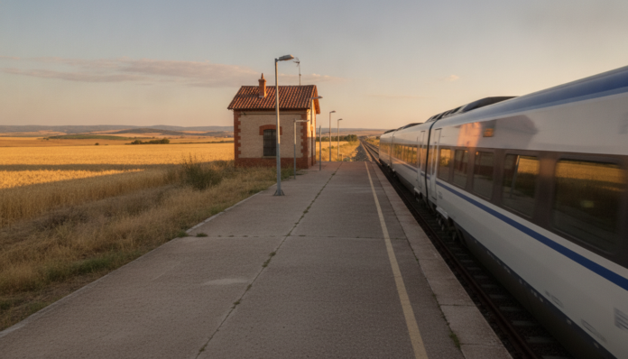 Train station platform in rural Spain, Castilla-La Mancha landscape with wheat fields in background, modern train arriving...