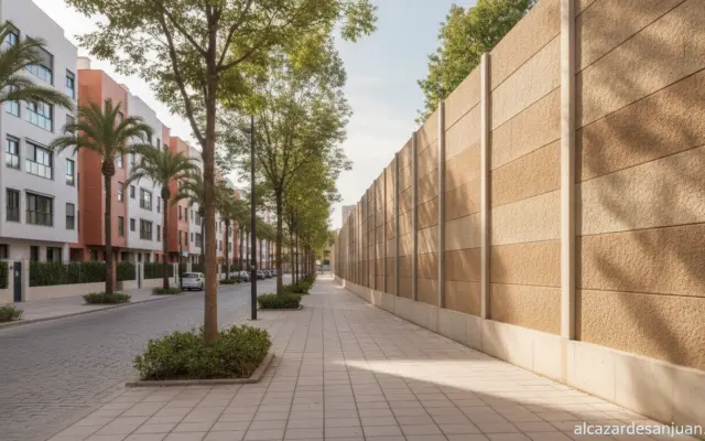 Urban sound barrier wall alongside a residential street in a Spanish city, concrete acoustic panels, modern neighborhood. ...
