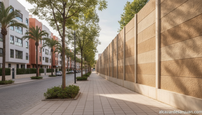 Urban sound barrier wall alongside a residential street in a Spanish city, concrete acoustic panels, modern neighborhood. ...