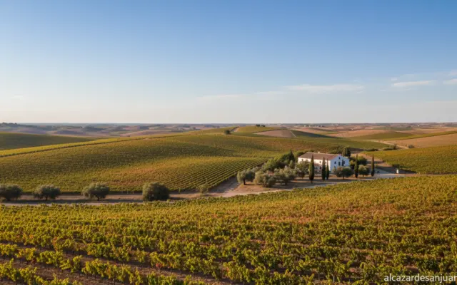 Vineyard landscape in La Mancha Spain, rolling hills covered in grape vines under a clear blue sky, traditional wine-growi...