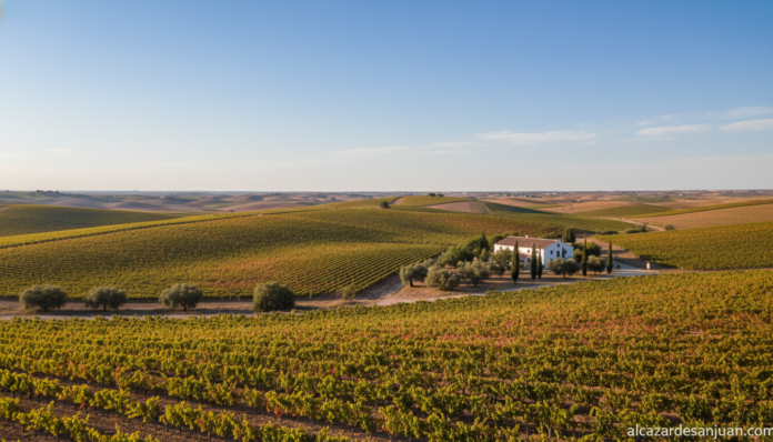 Vineyard landscape in La Mancha Spain, rolling hills covered in grape vines under a clear blue sky, traditional wine-growi...