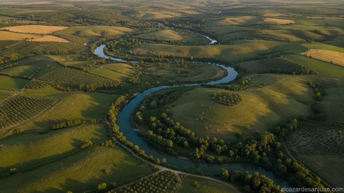 Wide aerial view of the Tagus river flowing through the La Mancha landscape in Spain, green countryside with fields alongs...