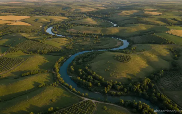 Wide aerial view of the Tagus river flowing through the La Mancha landscape in Spain, green countryside with fields alongs...