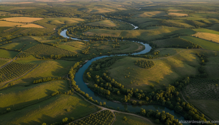 Wide aerial view of the Tagus river flowing through the La Mancha landscape in Spain, green countryside with fields alongs...