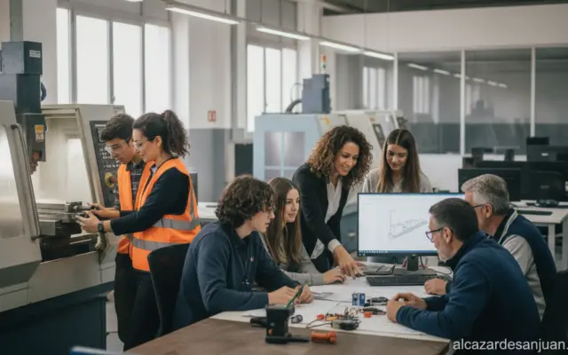 Young students in a dual vocational training setting in Spain, working on practical tasks in a workshop or office alongsid...