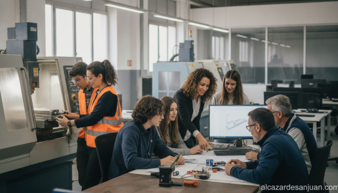 Young students in a dual vocational training setting in Spain, working on practical tasks in a workshop or office alongsid...