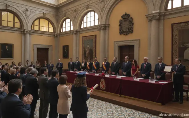 A formal ceremony in a Spanish provincial government building hall, with officials presenting awards and diplomas to stude...