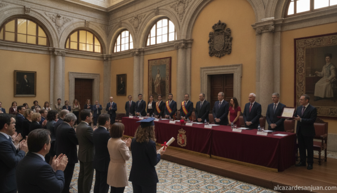 A formal ceremony in a Spanish provincial government building hall, with officials presenting awards and diplomas to stude... A formal ceremony in a Spanish provincial government building hall, with officials presenting awards and diplomas to stude...