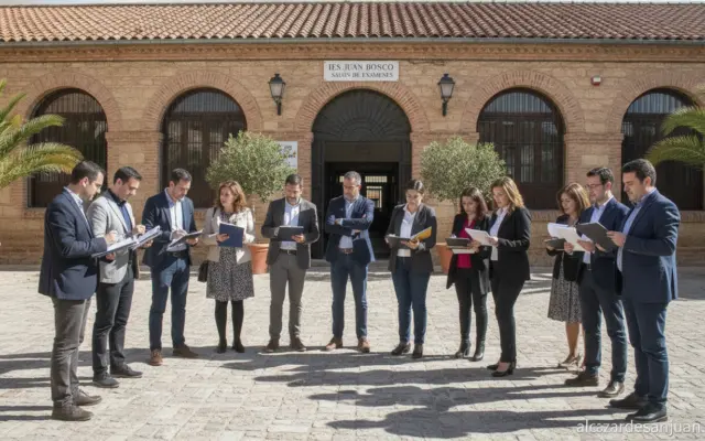 A group of teachers and education professionals gathered outside an exam hall in Castilla-La Mancha, Spain, reviewing docu...