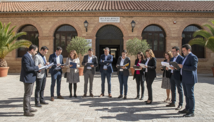 A group of teachers and education professionals gathered outside an exam hall in Castilla-La Mancha, Spain, reviewing docu...