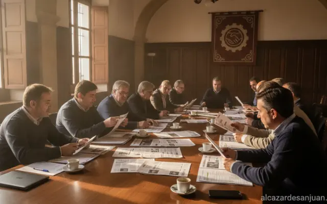 A group of trade union workers in a meeting room reviewing printed newsletters and documents, and realistic scene, warm li...