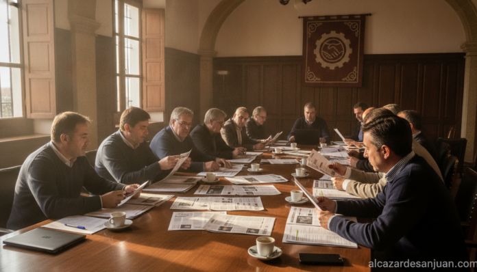 A group of trade union workers in a meeting room reviewing printed newsletters and documents, and realistic scene, warm li...