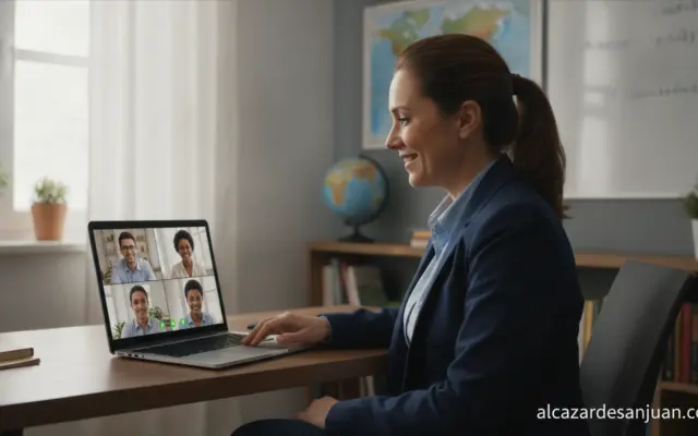 A teacher at a desk with a laptop screen showing a video conference call, modern home office or school classroom backgroun...