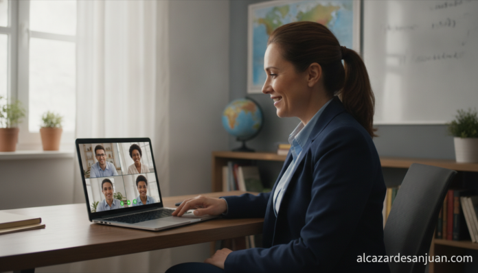 A teacher at a desk with a laptop screen showing a video conference call, modern home office or school classroom backgroun...