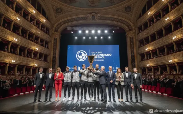 Award ceremony at a Spanish sports gala, handball players and officials receiving a trophy on stage in an elegant theater....