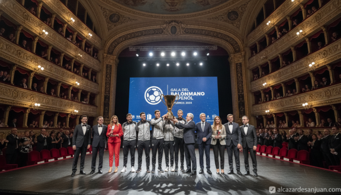 Award ceremony at a Spanish sports gala, handball players and officials receiving a trophy on stage in an elegant theater....