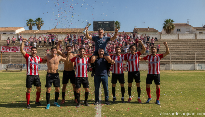 Football team celebrating a victory, players and coach in a Spanish lower-league stadium, fans cheering in the background,...
