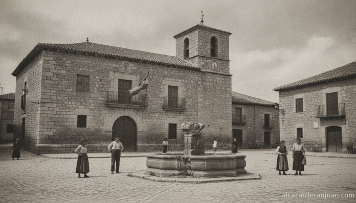 Historic Spanish village square in Castilla-La Mancha, stone architecture from the 1930s era, black and white photography ...