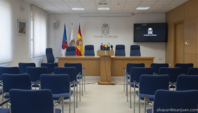Journalistic photo of a Spanish regional government press conference room, a podium with microphones and institutional fla...