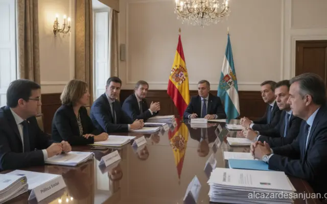 Journalistic photo of an institutional meeting room in a Spanish regional government building, officials seated around a l...