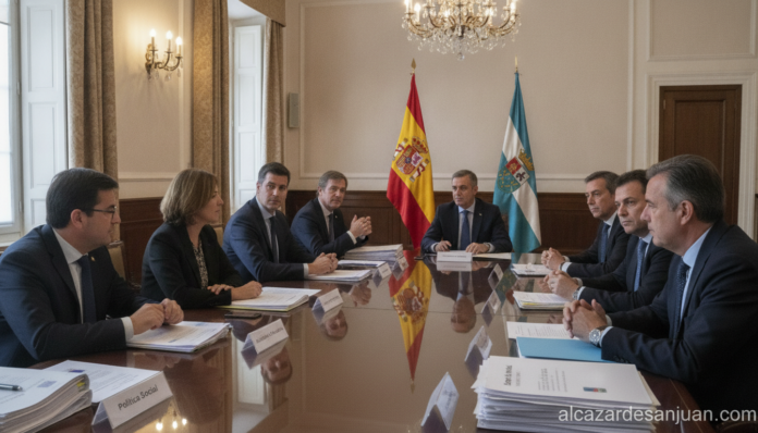 Journalistic photo of an institutional meeting room in a Spanish regional government building, officials seated around a l...