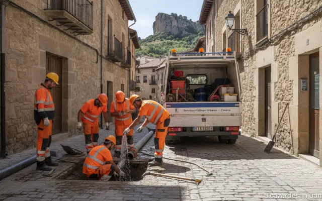 Journalistic photo of municipal water and cleaning service workers in a historic Spanish city street in Cuenca, Castilla-L...