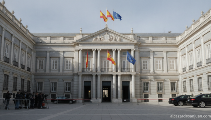 Journalistic photo of the exterior facade of the Moncloa Palace or a Spanish government press room with national and EU fl...