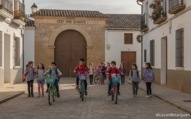 Journalistic photo, wide shot of Spanish primary schoolchildren walking and riding bicycles together along a quiet street ...