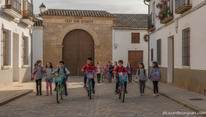 Journalistic photo, wide shot of Spanish primary schoolchildren walking and riding bicycles together along a quiet street ...