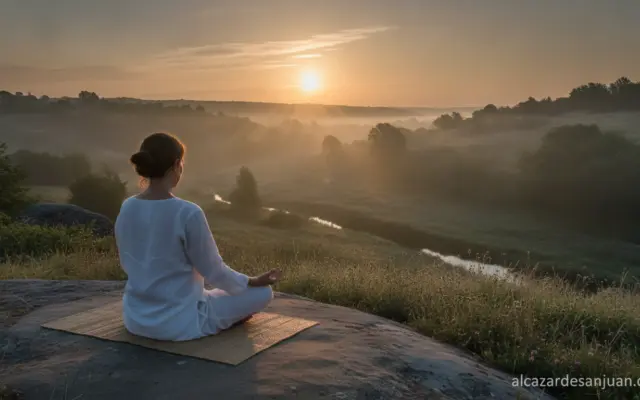 Sober image of a peaceful yoga and meditation scene at sunrise, a person in a simple white outfit sitting cross-legged in ...