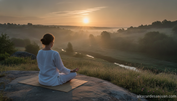 Sober image of a peaceful yoga and meditation scene at sunrise, a person in a simple white outfit sitting cross-legged in ...
