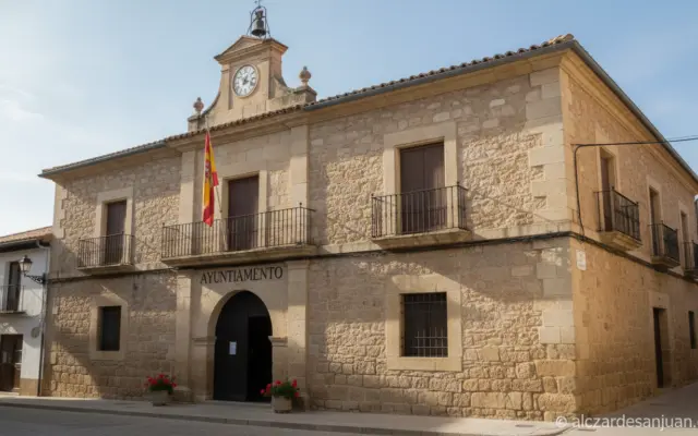 Sober image of the exterior facade of a small Spanish town hall building (ayuntamiento), Spanish flag on flagpole, daytime...