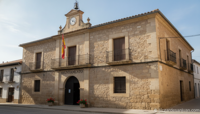 Sober image of the exterior facade of a small Spanish town hall building (ayuntamiento), Spanish flag on flagpole, daytime...