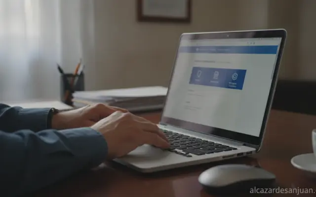 Sober image representing digital public administration in Spain: a close-up of hands using a laptop with a generic governm...