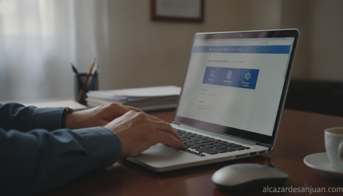 Sober image representing digital public administration in Spain: a close-up of hands using a laptop with a generic governm...