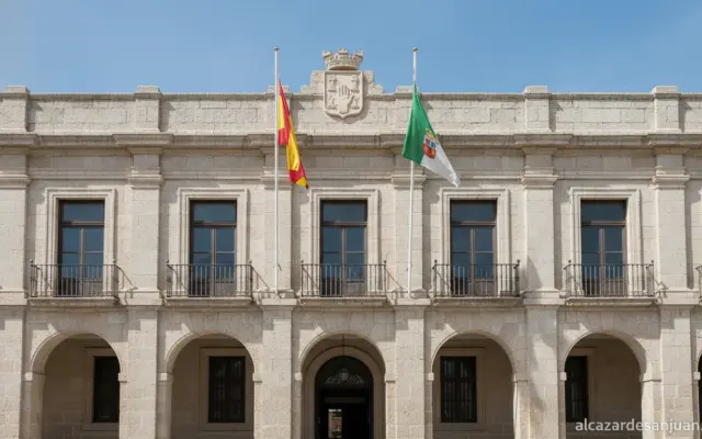 Sober institutional photo of a Spanish regional government building facade (Junta de Comunidades de Castilla-La Mancha sty...