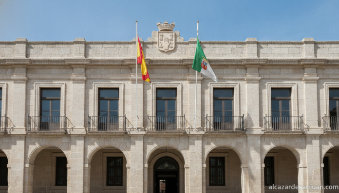 Sober institutional photo of a Spanish regional government building facade (Junta de Comunidades de Castilla-La Mancha sty...