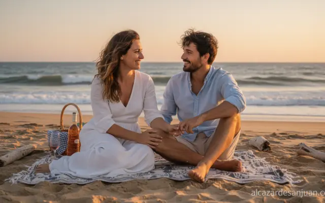 Realistic editorial photo-style illustration of a couple sitting together at a beach at sunset, calm conversation, warm su...