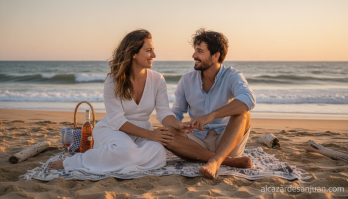 Realistic editorial photo-style illustration of a couple sitting together at a beach at sunset, calm conversation, warm su...