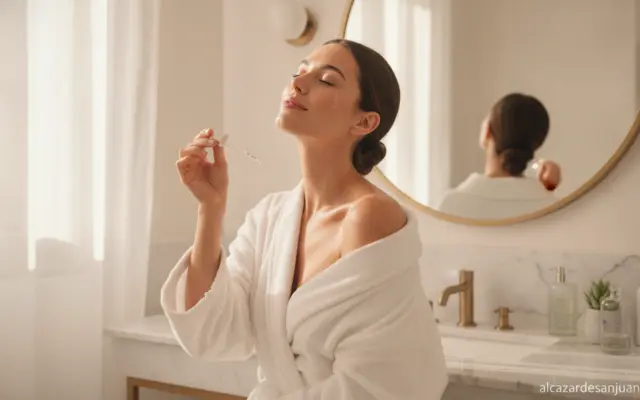 Realistic lifestyle photo of a woman applying skincare serum to her face in a bright bathroom in summer, natural light, gl...