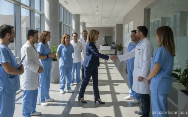 Realistic photojournalism scene: a regional health official visiting a modern Spanish primary healthcare center, corridor ...