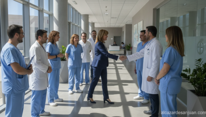 Realistic photojournalism scene: a regional health official visiting a modern Spanish primary healthcare center, corridor ...