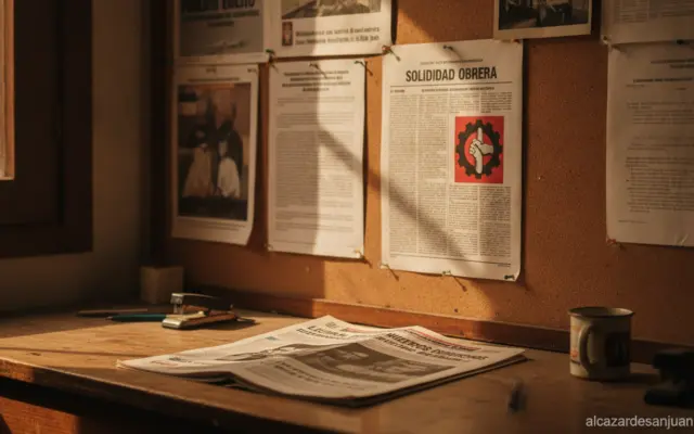 Realistic photojournalism scene: a union office noticeboard with a printed newsletter/bulletin on a desk, Spanish labor un...