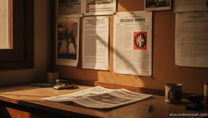 Realistic photojournalism scene: a union office noticeboard with a printed newsletter/bulletin on a desk, Spanish labor un...