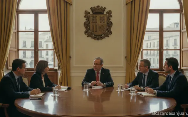 Realistic photojournalism scene: an institutional meeting room with a government official and business representatives at ...