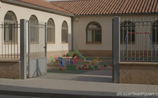 Realistic photojournalism scene: exterior of a municipal children's nursery school building in a Spanish city, empty playg...