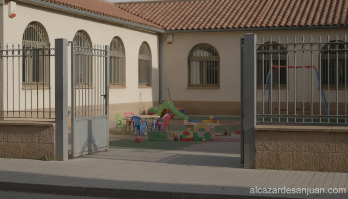 Realistic photojournalism scene: exterior of a municipal children's nursery school building in a Spanish city, empty playg...