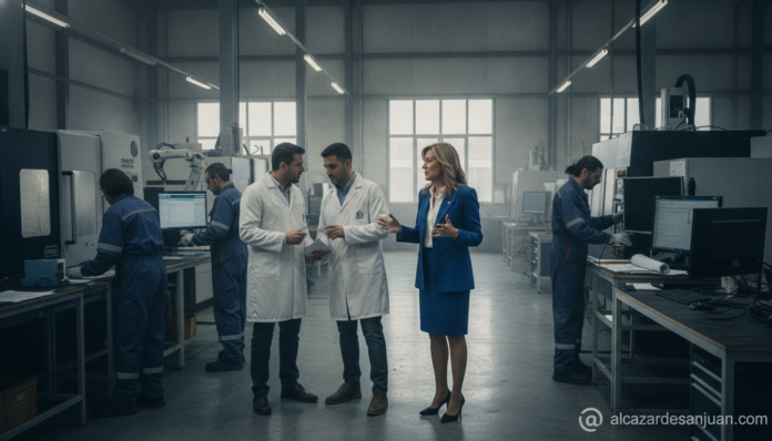 Realistic photojournalism scene: interior of a modern vocational training center in Spain, technical workshop with equipme...
