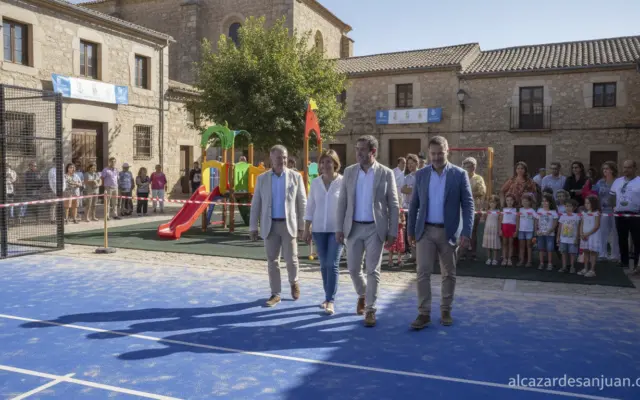 Realistic photojournalism scene: outdoor inauguration of a new padel court and children's playground in a small rural Span...