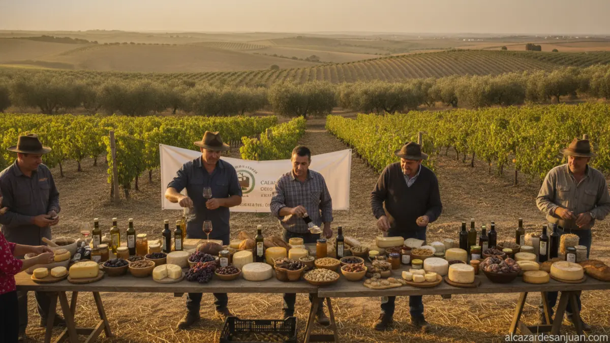 Realistic photojournalism scene: rural Castilian-La Mancha countryside landscape near Campo de Calatrava, olive groves and...